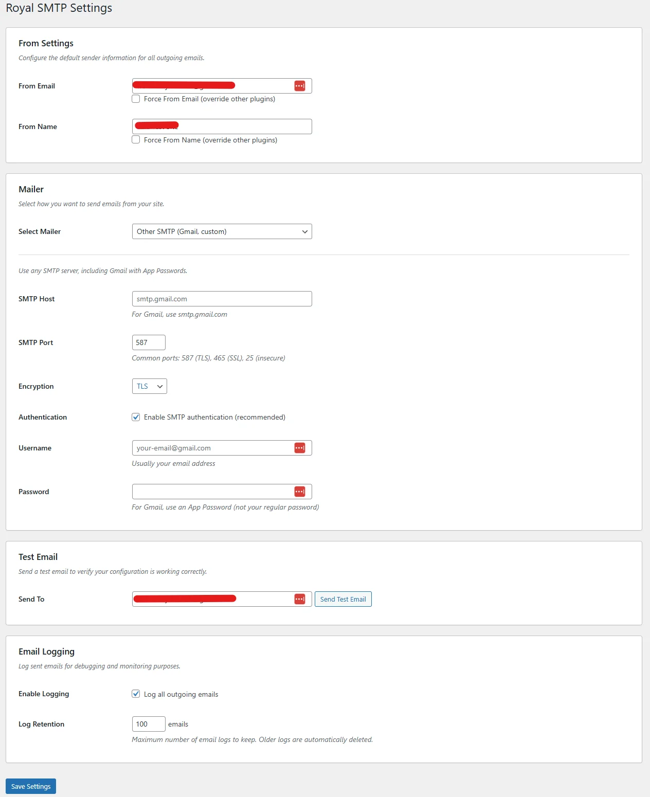 Royal SMTP Settings Page