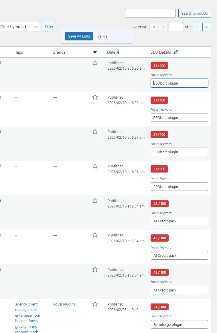 SEObolt Pro Bulk SEO Editor with spreadsheet-style editing and score overview