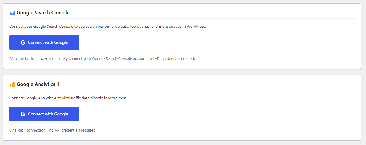 SEObolt Connections settings tab before any service is connected, showing two cards: Google Search Console at the top and Google Analytics 4 below, each with its own Connect with Google button