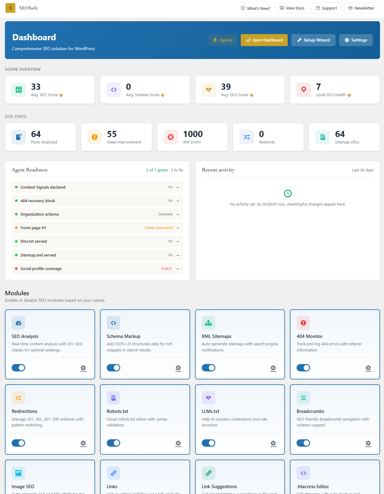SEObolt Pro Dashboard showing the chrome-pack header, Score Overview, Site Stats, Agent Readiness scorecard, Recent Activity feed, and the Modules grid