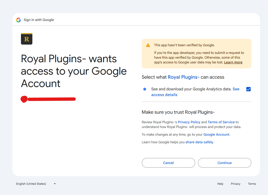 Google's scope approval screen showing Royal Plugins wants access to your Google Account with the See and download your Google Analytics data permission checked and Cancel/Continue buttons