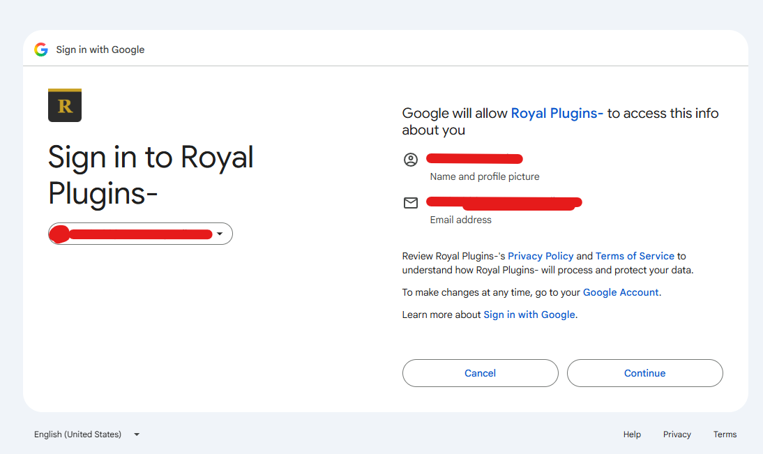 Google Sign in to Royal Plugins screen showing that Royal Plugins will access basic profile: Name and profile picture, Email address, with Cancel and Continue buttons