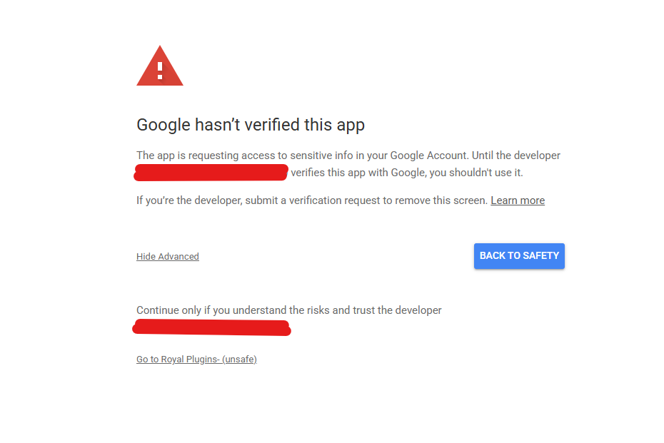 Google hasn't verified this app warning screen with red warning triangle, Back to Safety blue button, Hide Advanced link, and Go to Royal Plugins- (unsafe) link at the bottom