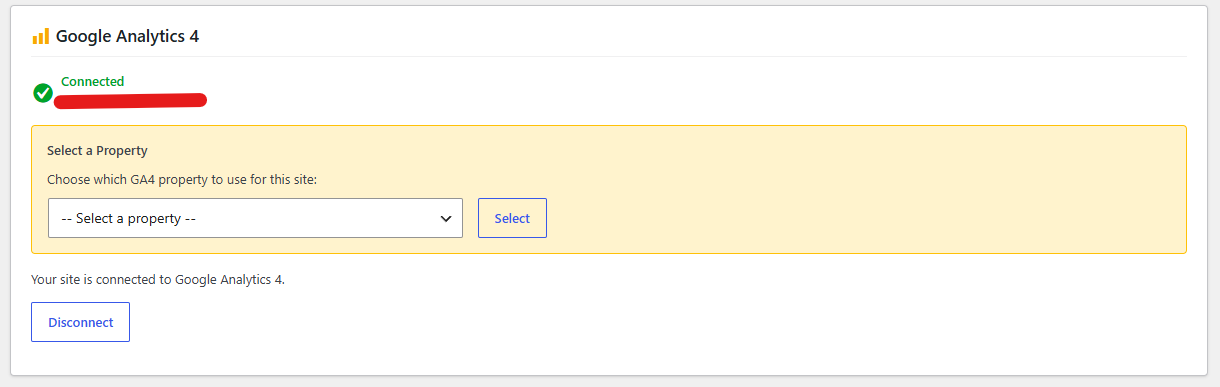 SEObolt Google Analytics 4 card immediately after OAuth, showing green Connected status with a yellow Select a Property panel containing a dropdown labeled -- Select a property -- and a Select button, plus a Disconnect button below