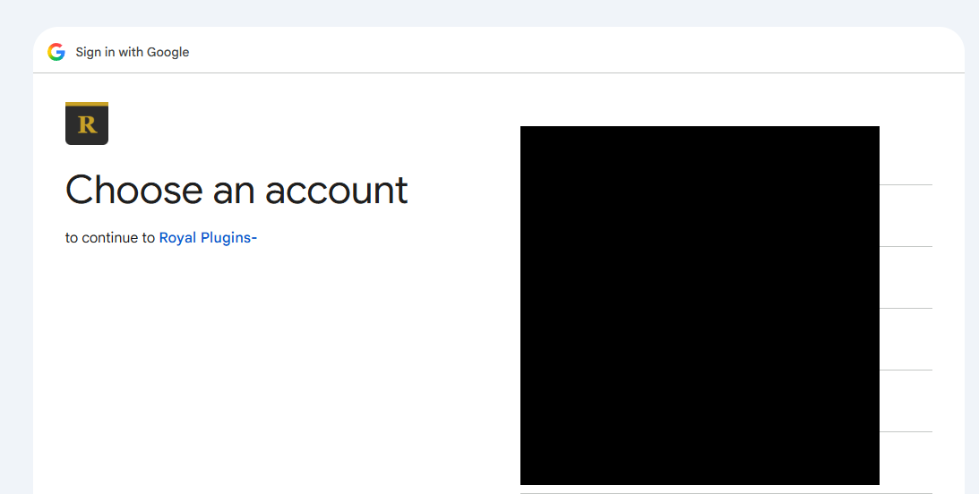 Google's Choose an account screen, prompting the user to select a Google account to continue to Royal Plugins