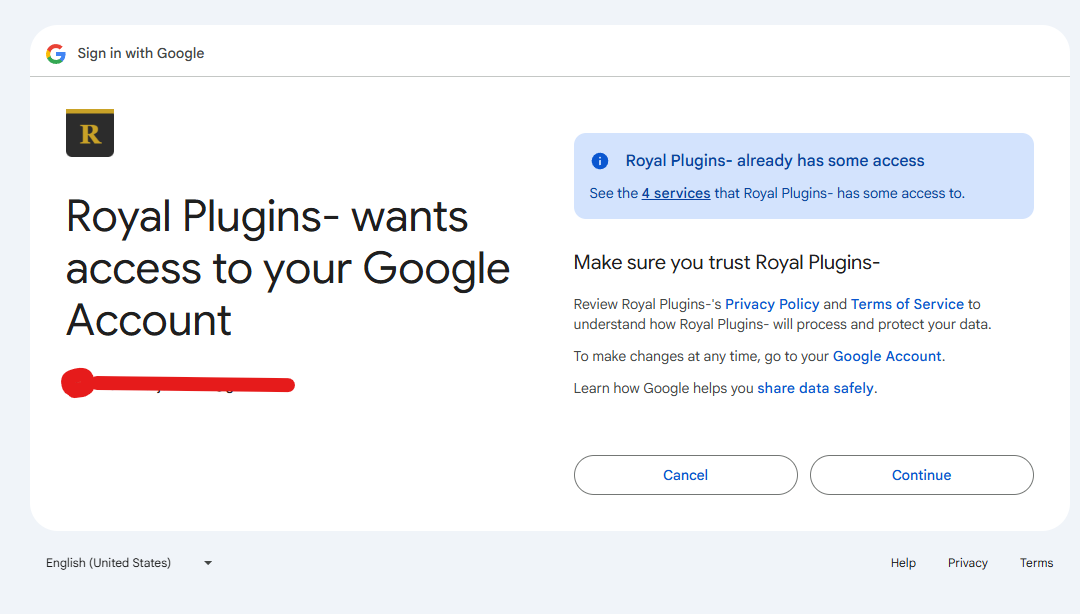 Google's scope approval screen showing Royal Plugins wants access to your Google Account with Cancel and Continue buttons