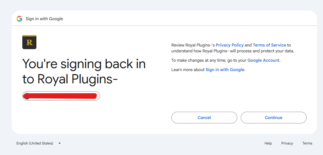 Google You're signing back in to Royal Plugins confirmation screen with Cancel and Continue buttons