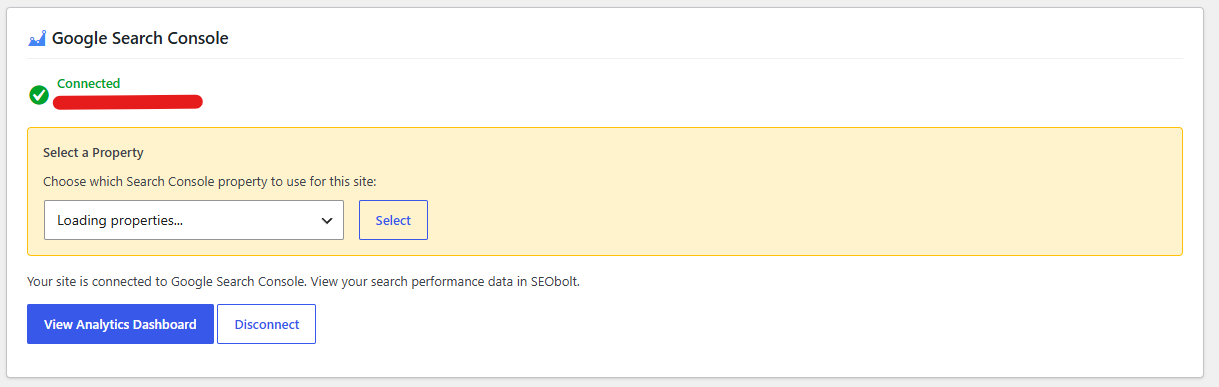 SEObolt Google Search Console card immediately after OAuth, showing green Connected status with a yellow Select a Property panel containing a dropdown and Select button