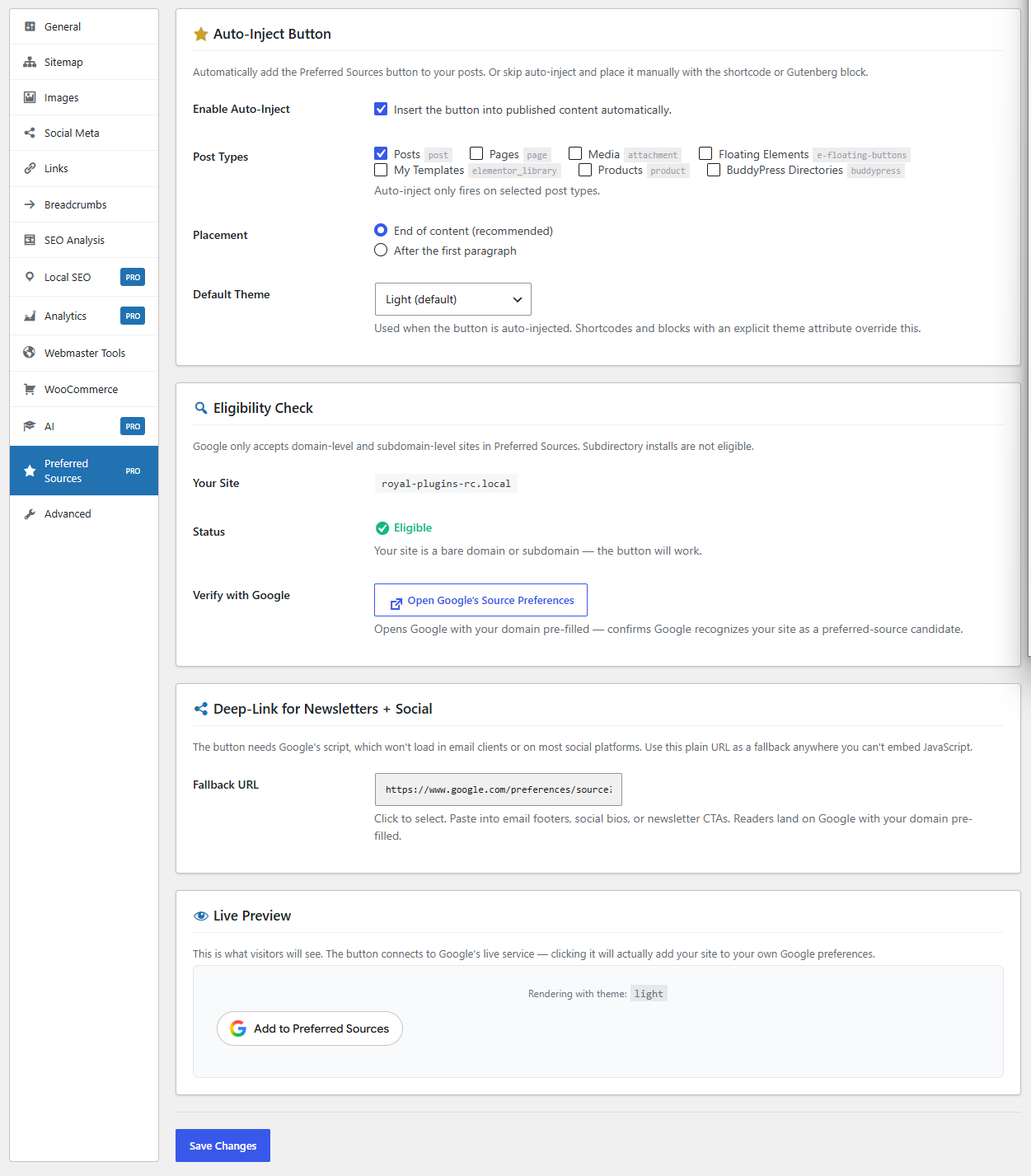 SEObolt Pro Preferred Sources settings tab showing Auto-Inject, Eligibility Check, Deep-Link, and Live Preview sections
