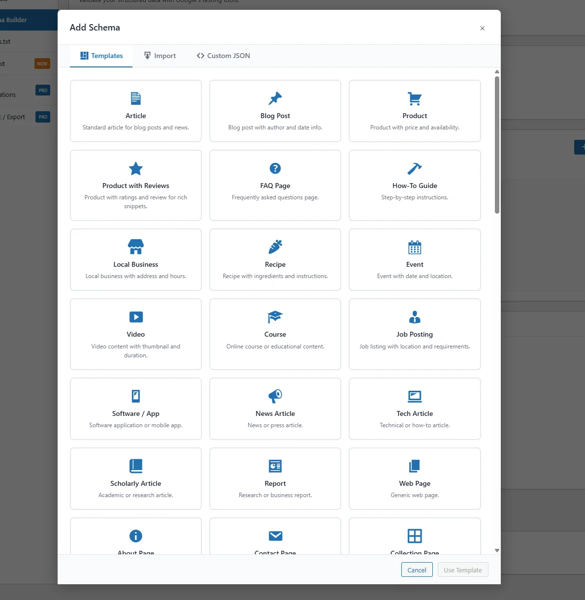 SEObolt Pro Visual Schema Builder with 63 template types and drag-and-drop editor