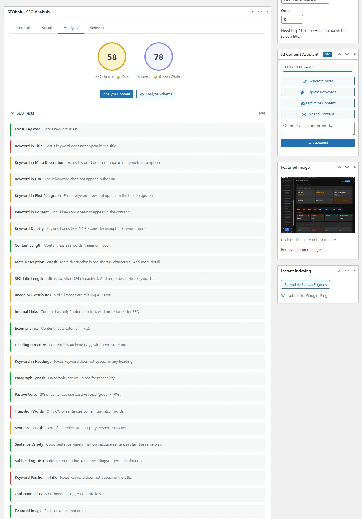 SEObolt Pro 57-Point SEO Analysis with score breakdown and actionable suggestions