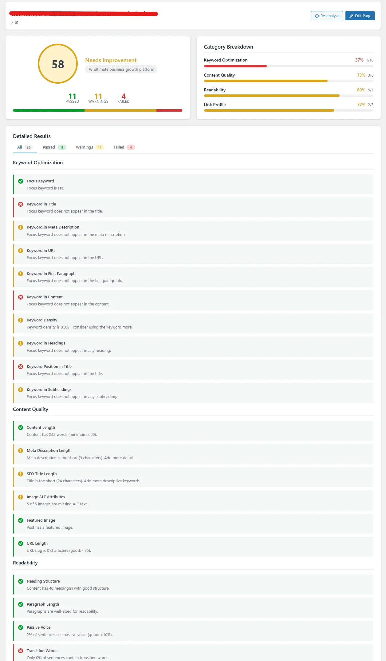 SEObolt Pro Standalone SEO Analysis Page with category breakdown, score card, and filter tabs
