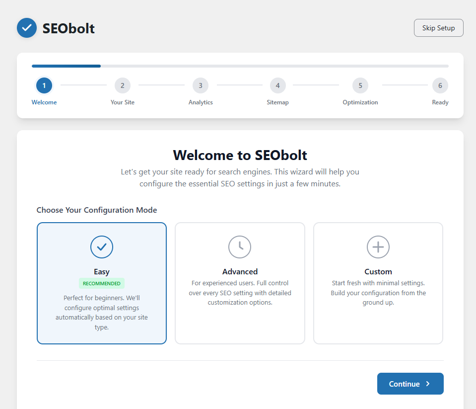 SEObolt Setup Wizard Welcome step with a 6-step progress bar (Welcome, Your Site, Analytics, Sitemap, Optimization, Ready) and three configuration mode cards: Easy (recommended), Advanced, and Custom