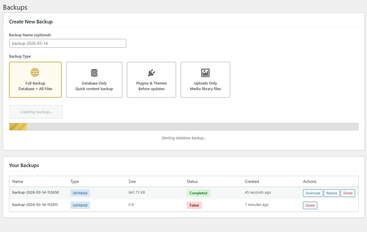 SiteVault - Backups Page