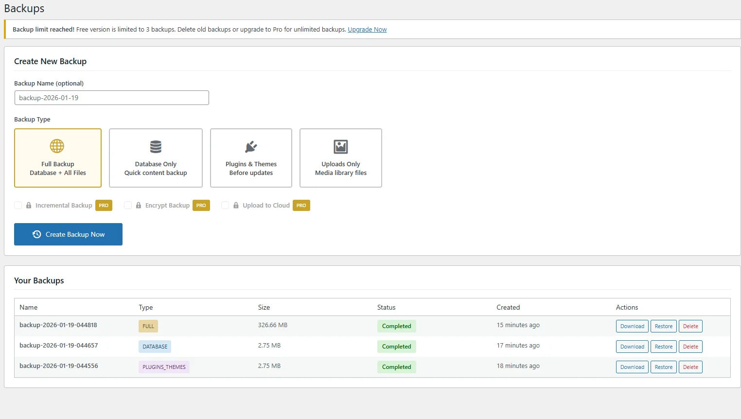 SiteVault - Create Backup