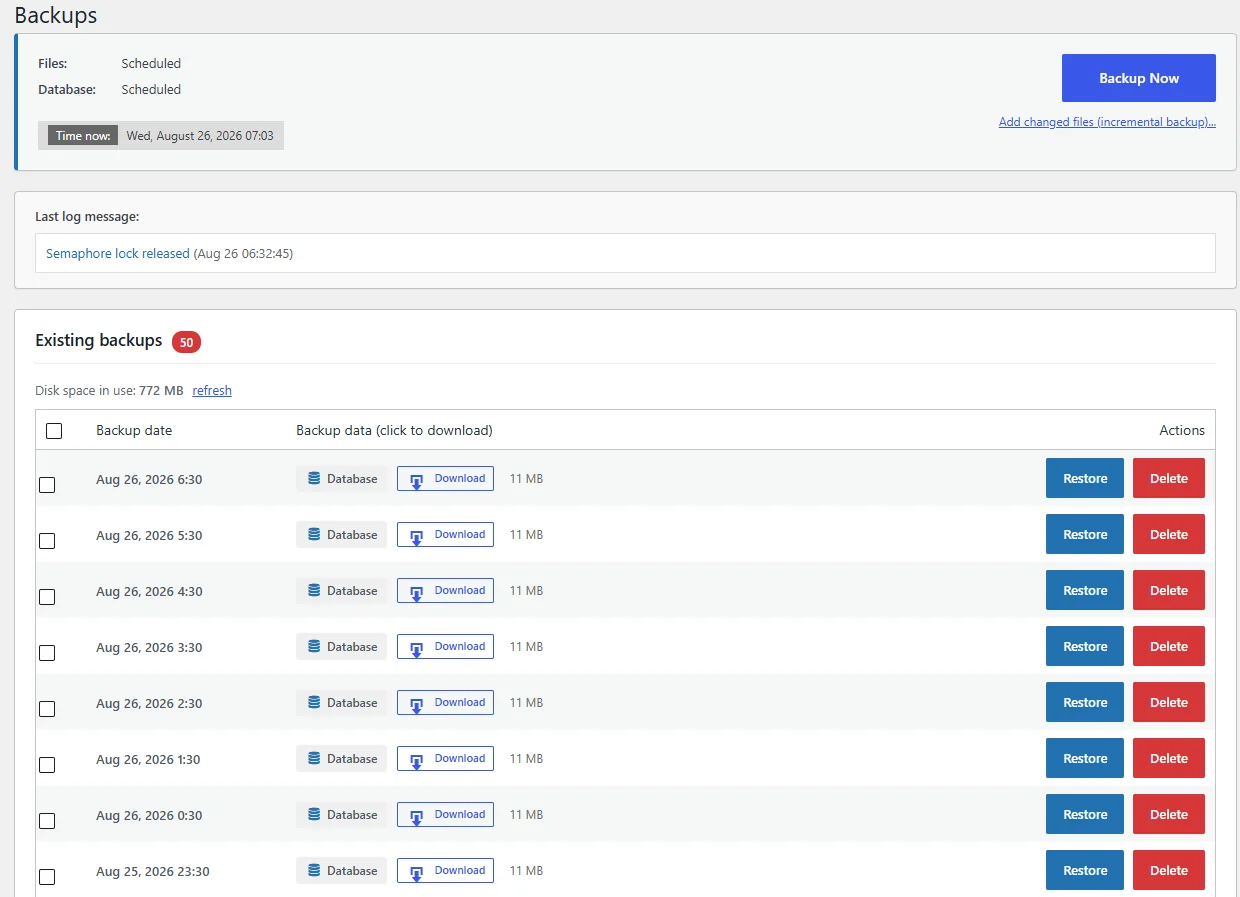 Live SiteVault Pro backup schedule on royalplugins.com showing 50 hourly database backups, 772 MB total disk in use, 11 MB per backup snapshot, with restore and download actions per row