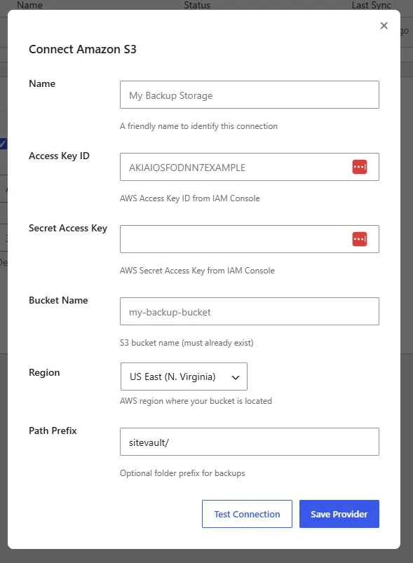 SiteVault Pro Connect Amazon S3 modal showing fields for Name, Access Key ID, Secret Access Key, Bucket Name, Region dropdown, and Path Prefix, with Test Connection and Save Provider buttons at the bottom