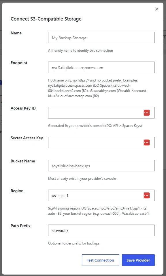 SiteVault Pro Connect S3-Compatible Storage modal showing fields for Name, Endpoint, Access Key ID, Secret Access Key, Bucket Name, Region, and Path Prefix, with helper text explaining valid endpoint values for DO Spaces, Backblaze B2, Wasabi, and Cloudflare R2, and Test Connection plus Save Provider buttons