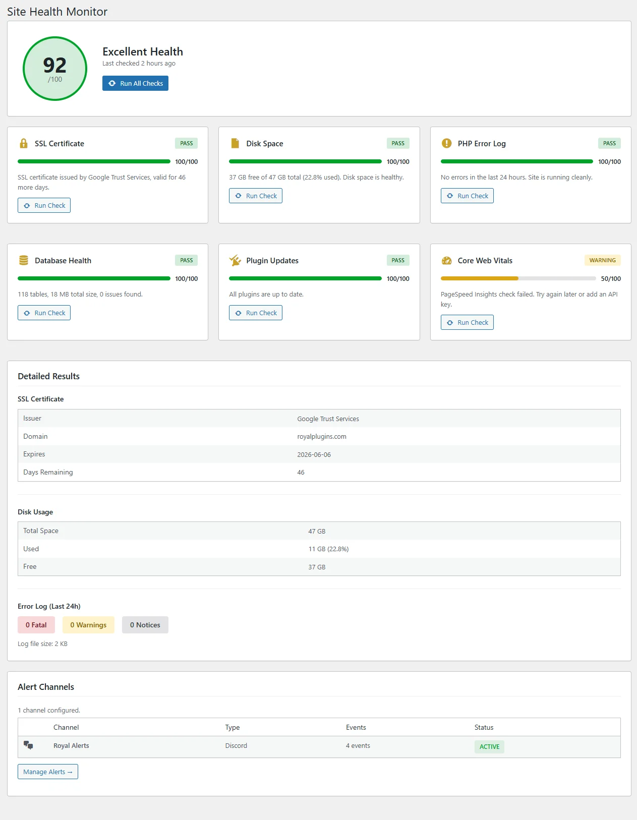 SiteVault Pro Site Health Monitor Dashboard showing health score, SSL, disk space, PHP errors, database health, plugin updates, and Core Web Vitals