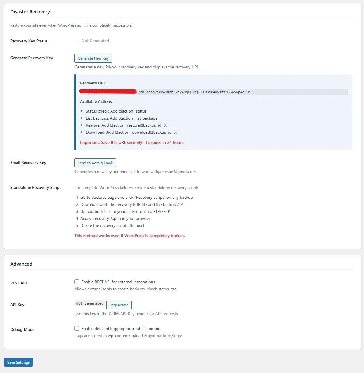 SiteVault Pro - Disaster Recovery Settings