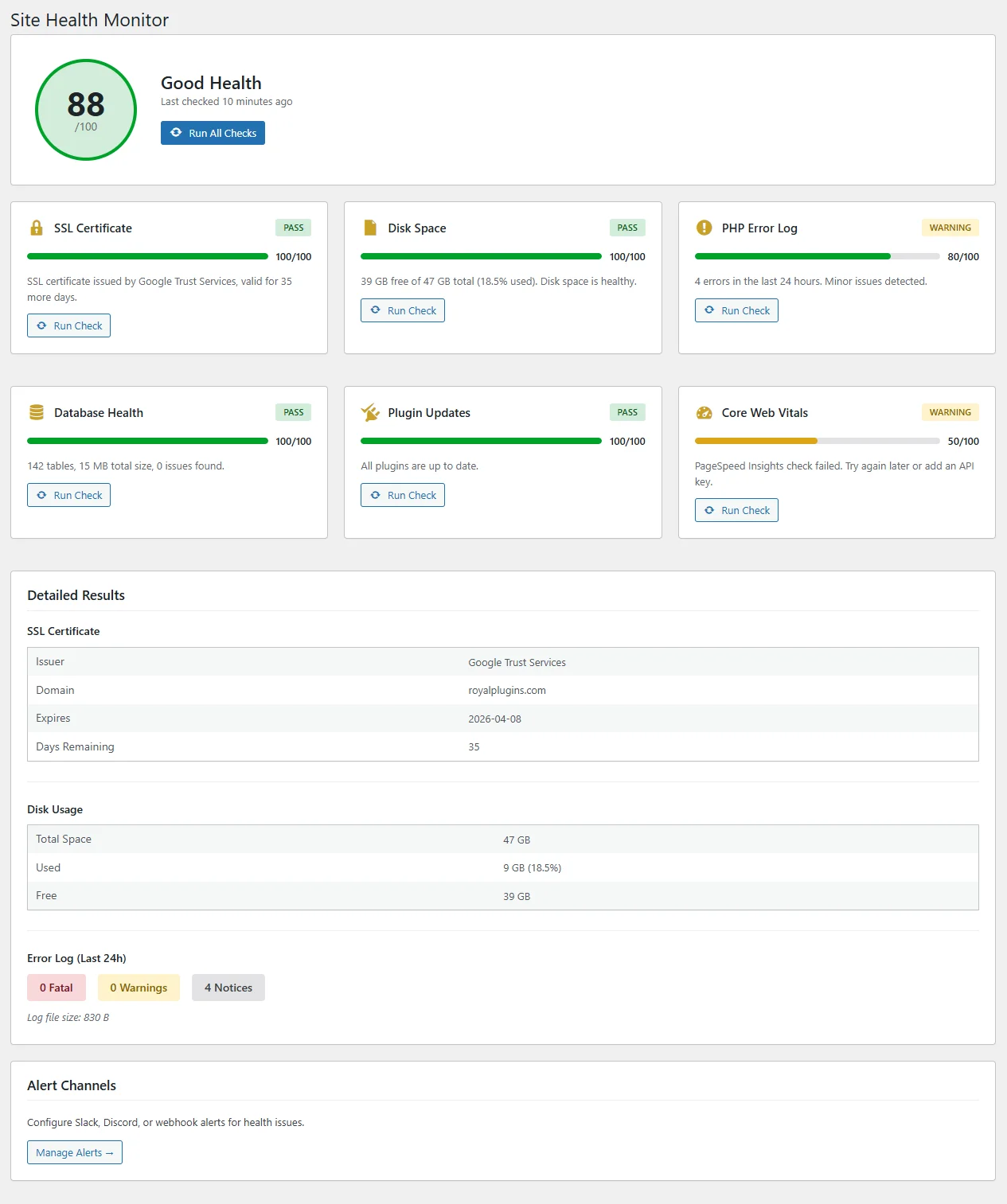 SiteVault Pro Site Health Monitor Dashboard showing overall health score, SSL certificate, disk space, PHP error log, database health, plugin updates, and Core Web Vitals monitoring