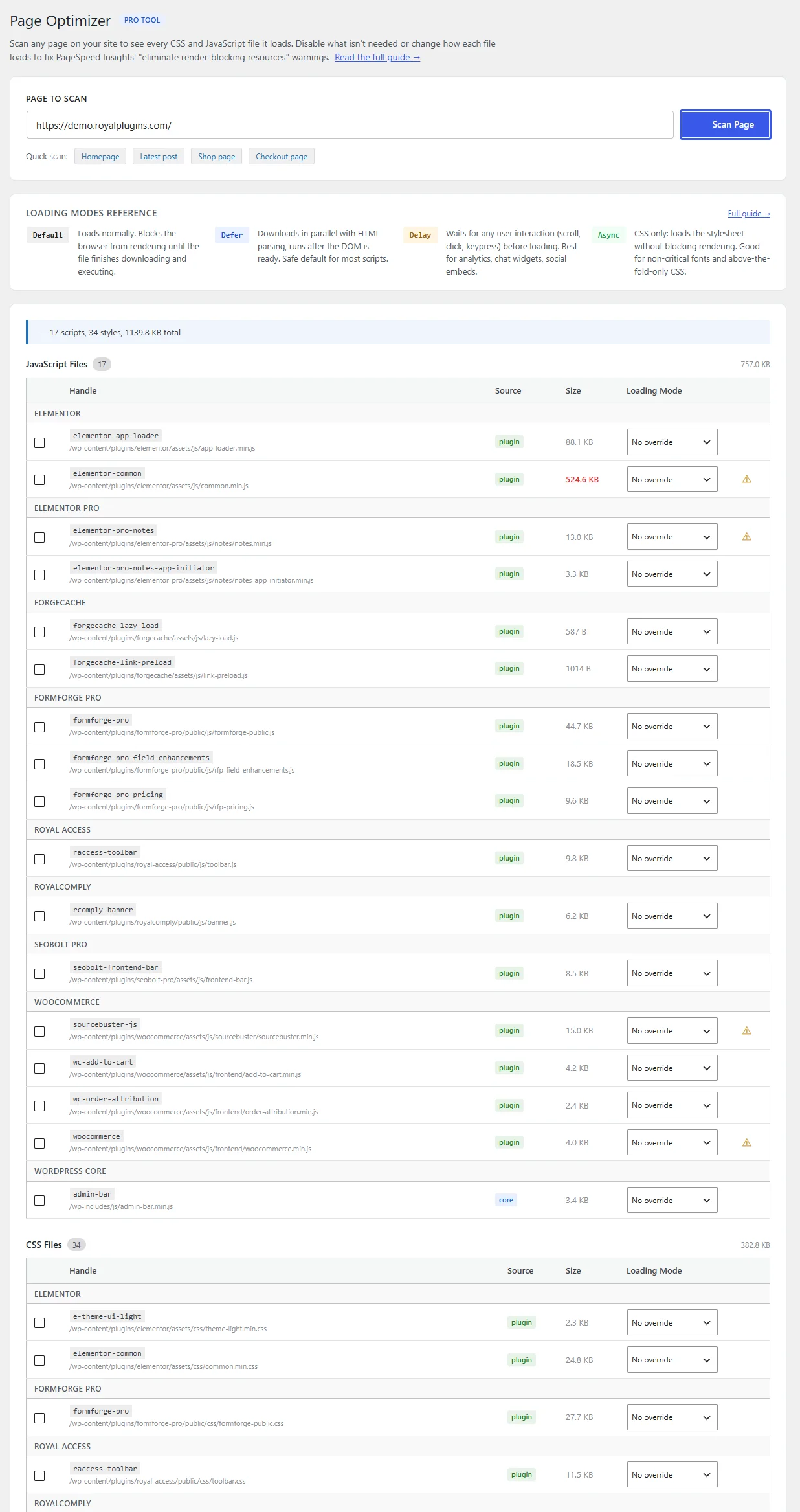 ForgeCache Page Optimizer &mdash; URL field, loading modes reference, and per-file Defer/Delay/Async controls for every JS and CSS asset on the page