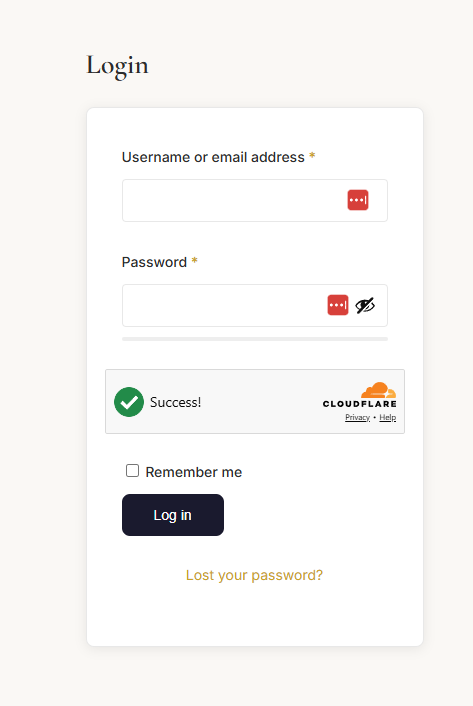 WordPress login form showing the Cloudflare Turnstile widget in its successful state with a green checkmark and Success! label