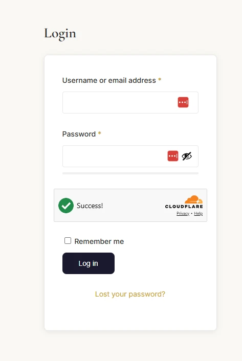 WordPress login form showing the Cloudflare Turnstile widget in its successful state with a green checkmark and Success! label