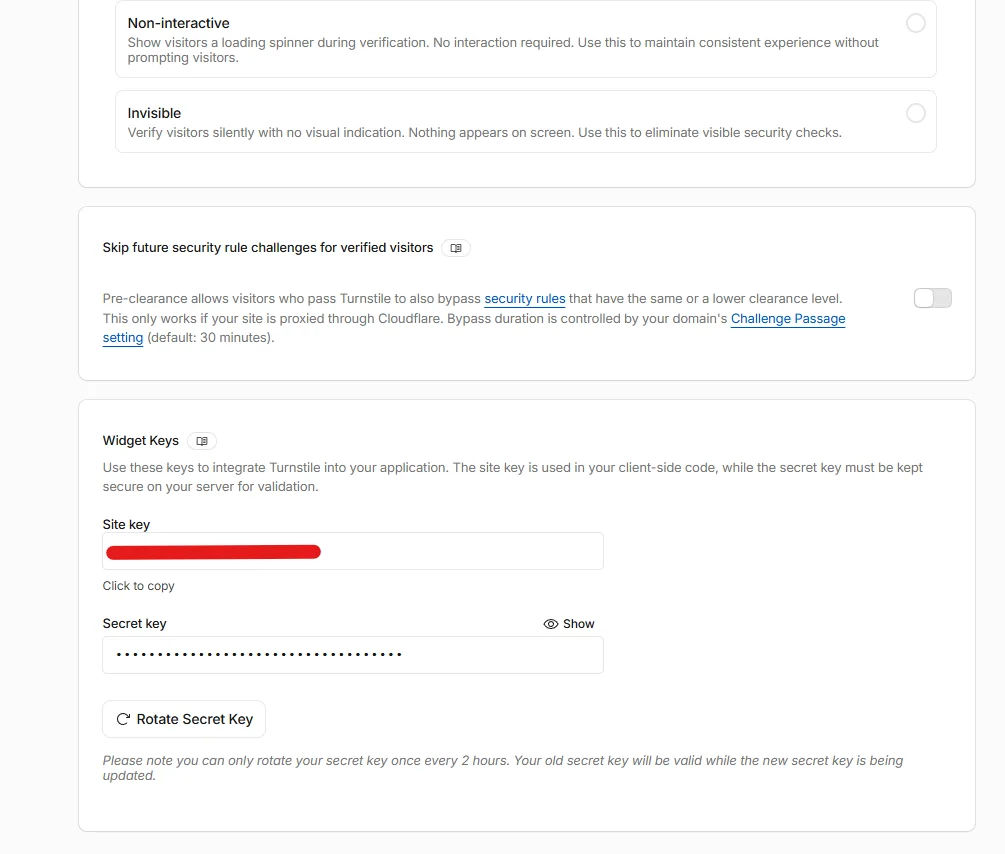 Cloudflare Turnstile widget keys panel showing the Site key (visible) and Secret key (masked with a Show button)