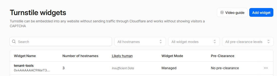 Cloudflare dashboard showing the Turnstile widgets list with an Add widget button in the top-right corner