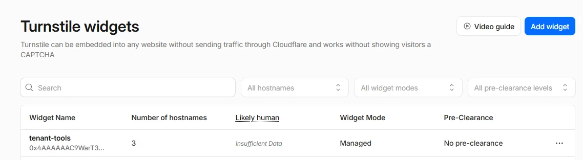 Cloudflare dashboard showing the Turnstile widgets list with an Add widget button in the top-right corner