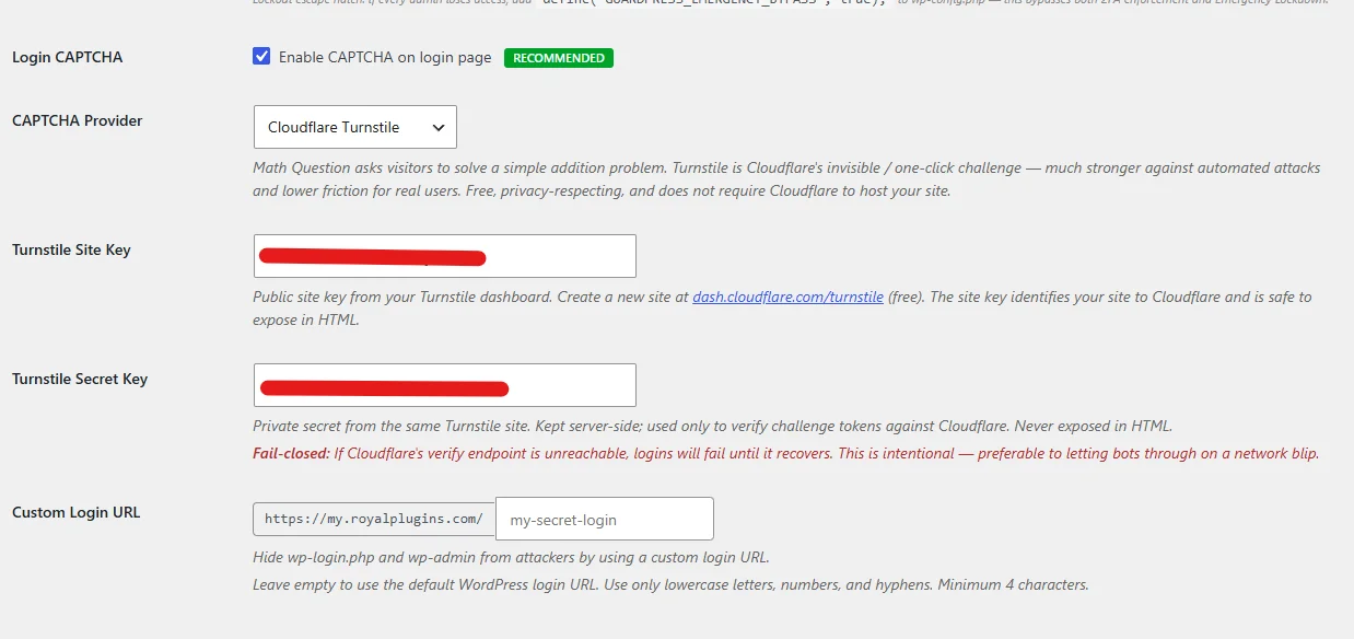 GuardPress Login Protection settings showing CAPTCHA Provider set to Cloudflare Turnstile with Turnstile Site Key and Turnstile Secret Key input fields below