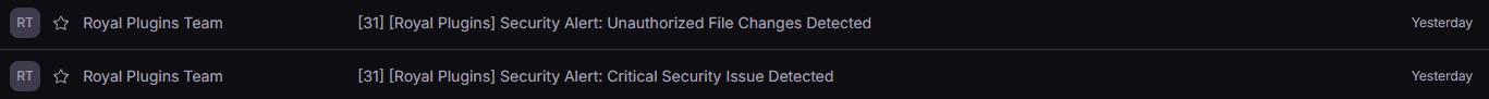Inbox view showing two grouped email threads from Royal Plugins Team, each thread containing 31 copies — Security Alert: Unauthorized File Changes Detected and Security Alert: Critical Security Issue Detected
