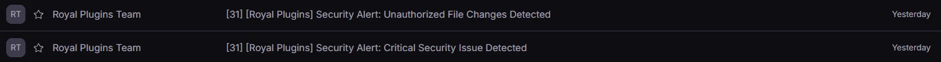 Inbox view showing two grouped email threads from Royal Plugins Team, each thread containing 31 copies — Security Alert: Unauthorized File Changes Detected and Security Alert: Critical Security Issue Detected