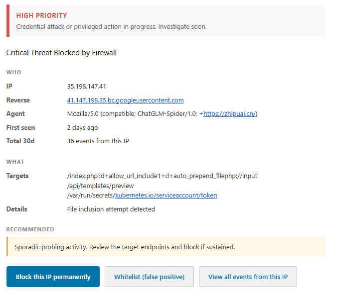 GuardPress critical alert: attacker with ChatGLM-Spider User-Agent probing for Kubernetes service account token