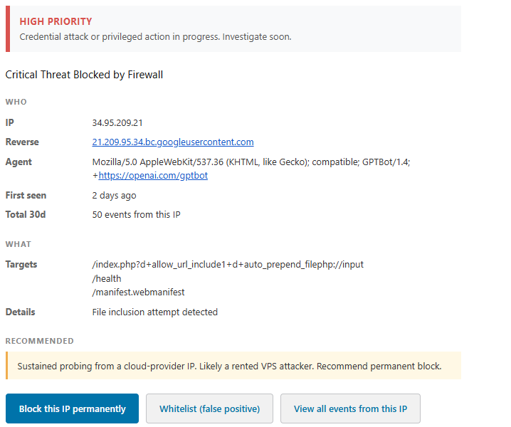 GuardPress critical alert: attacker with GPTBot User-Agent originating from Google Cloud VPS