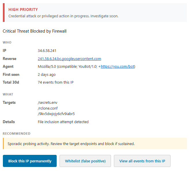 GuardPress critical alert: attacker with YouBot User-Agent harvesting credential files