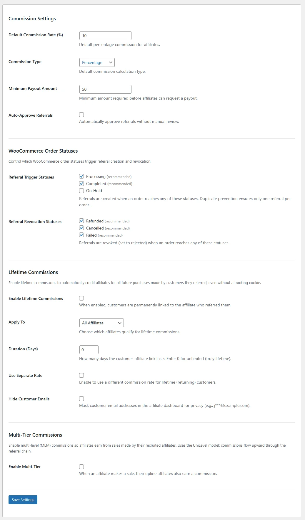 Commission Settings