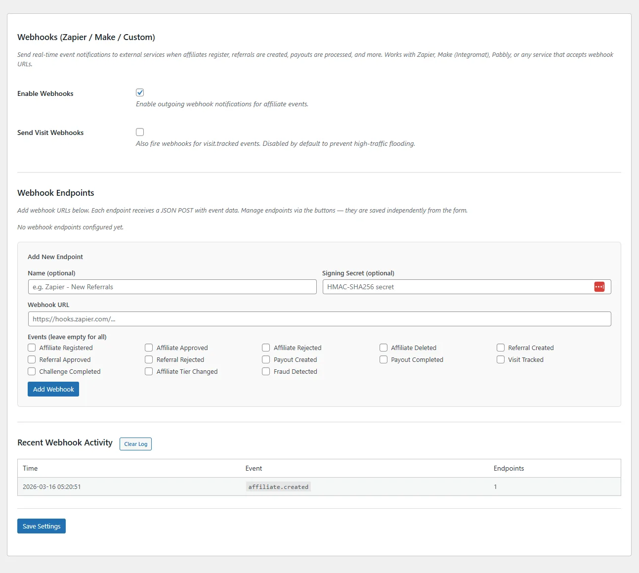 Webhooks Admin Page