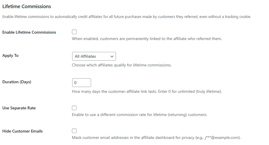 Lifetime Commission Settings