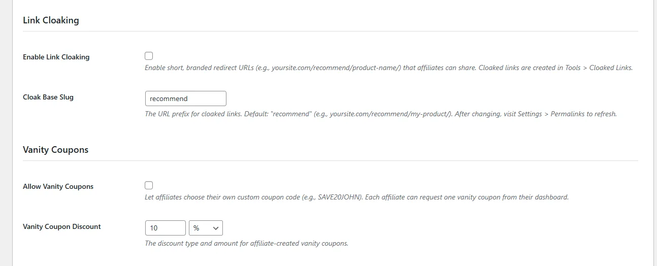 Link Cloaking Settings