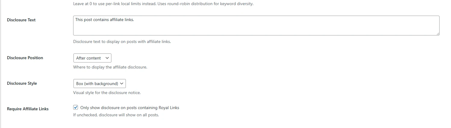Affiliate Disclosure Settings