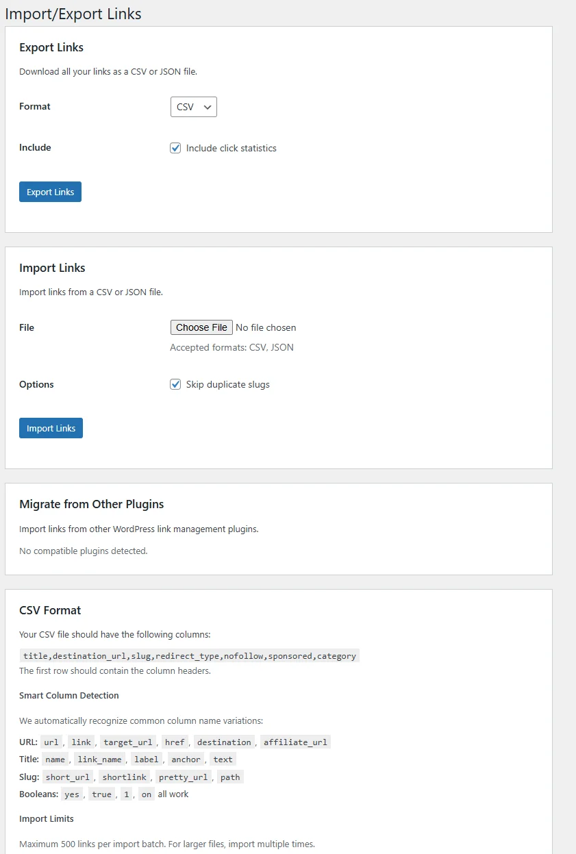 Import and Export Links