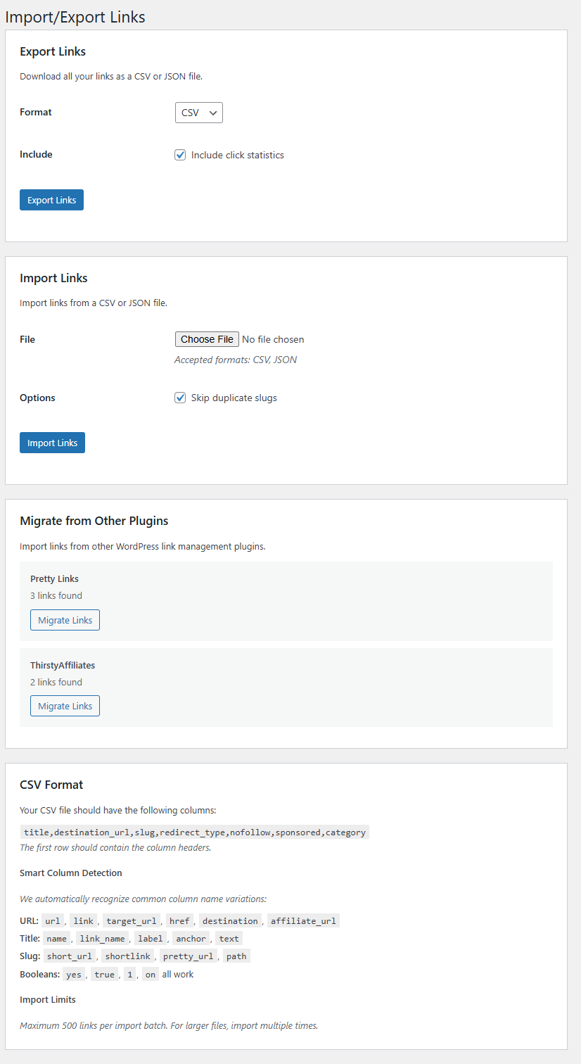 Import and Export Links
