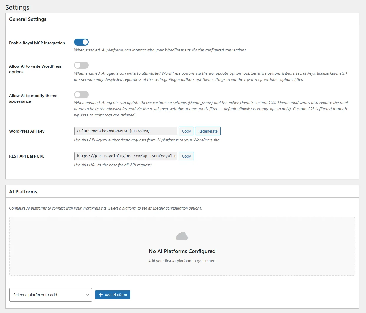 Royal MCP Settings Page