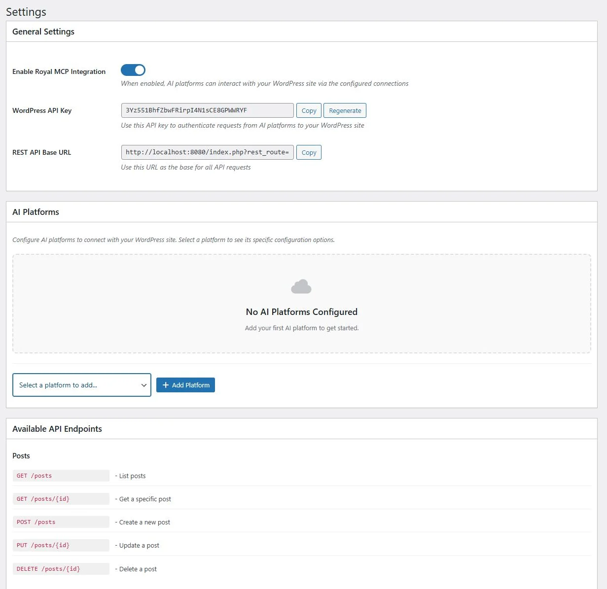 Royal MCP Settings Page